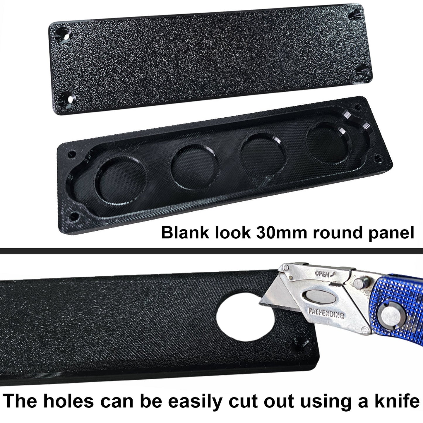 Black panel with round holes and a knife for cutting, labeled 'Blank look 30mm round panel'.
