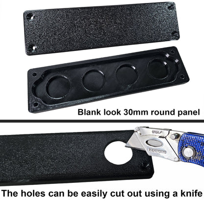 Black panel with round holes and a knife for cutting, labeled 'Blank look 30mm round panel'.