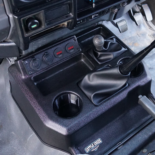 Close-up of a vehicle's center console with gear shift and cup holders.