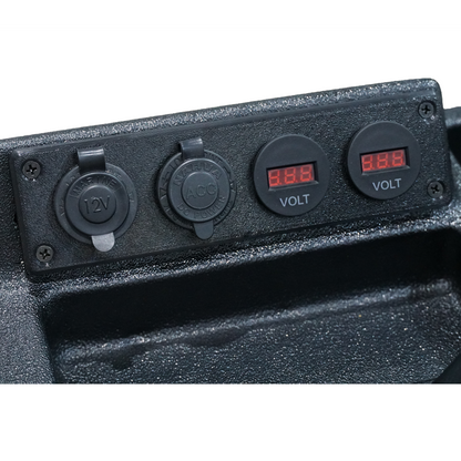Black centre console for Toyota HZJ 70 Series LandCruiser with storage compartments, cup holders, and a multi-use panel