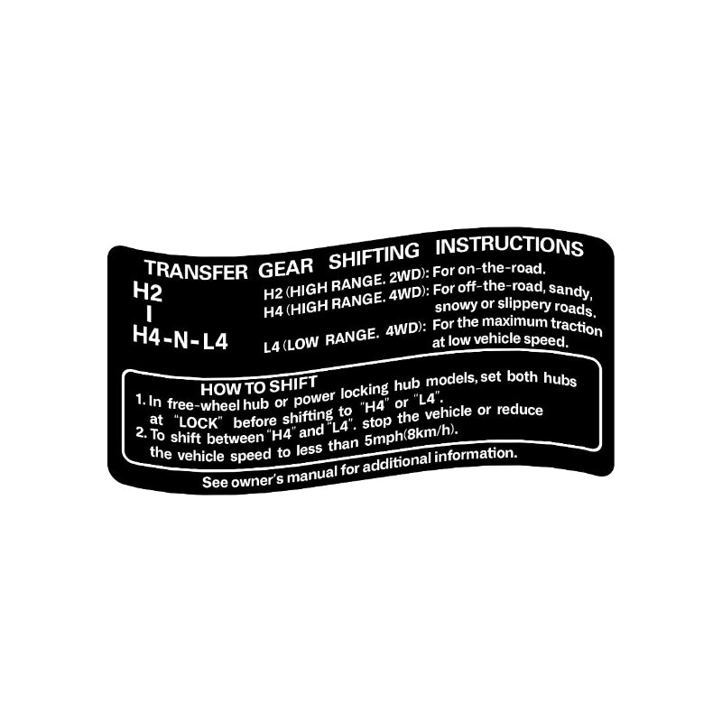 Transfer gear shifting instructions decal for Landcruiser vehicles, featuring text and graphics on a black background.
