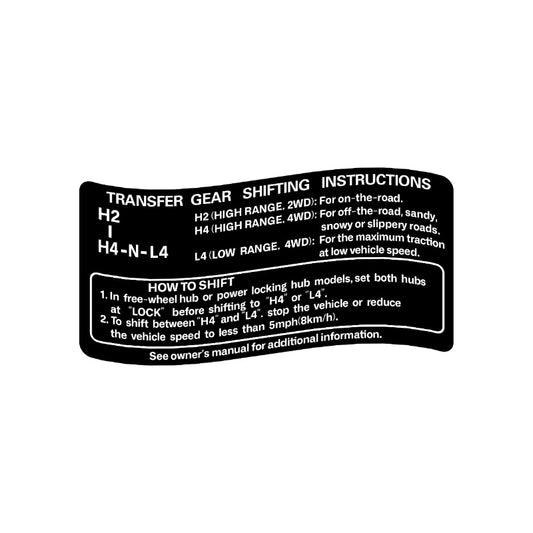 Transfer gear shifting instructions decal for Landcruiser vehicles, featuring text and graphics on a black background.